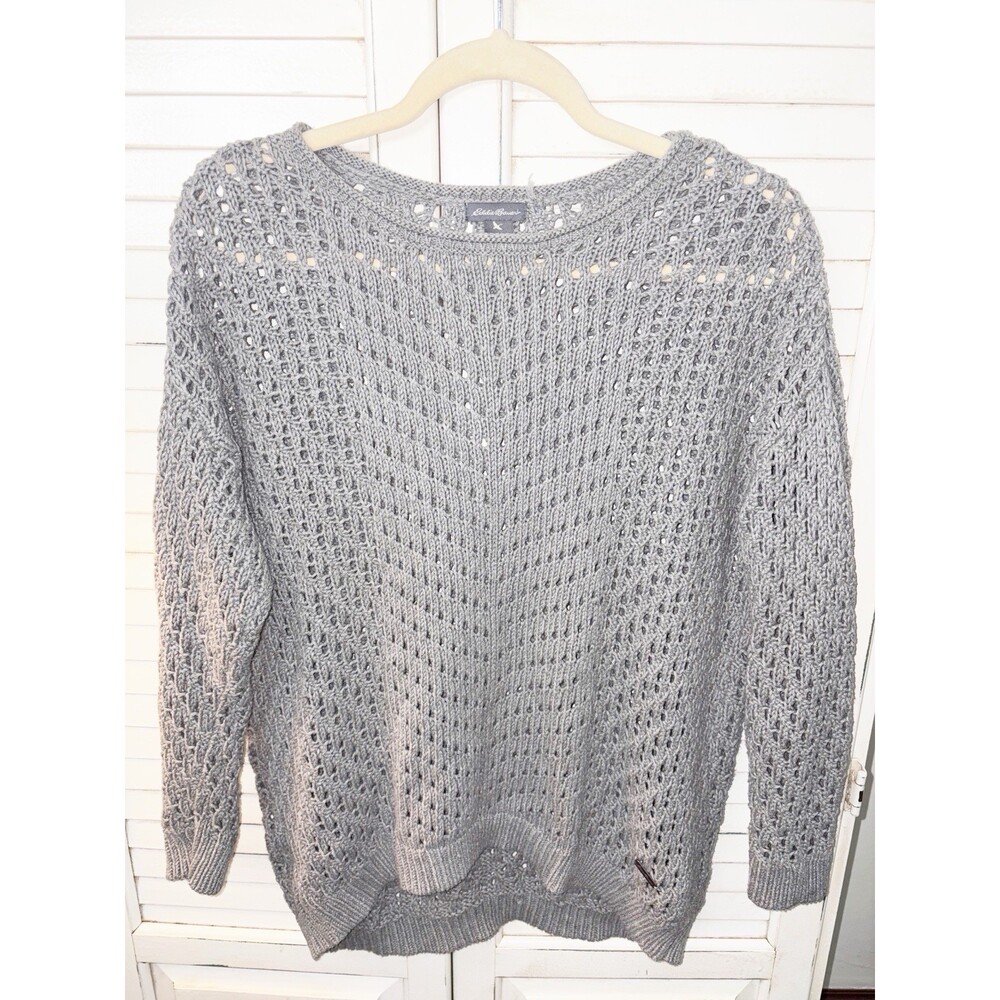 Eddie Bauer Open Knit Sweater 100% Cotton Grey Crewneck XL Boho